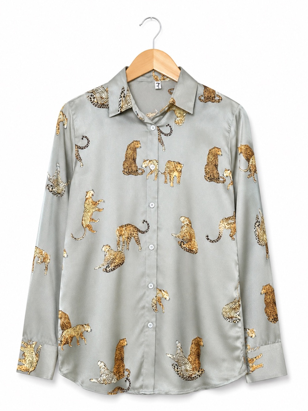 YONG TONG Gray Satin Leopard Print Blouse Shirt XL NWT Silk Feel Safari chic